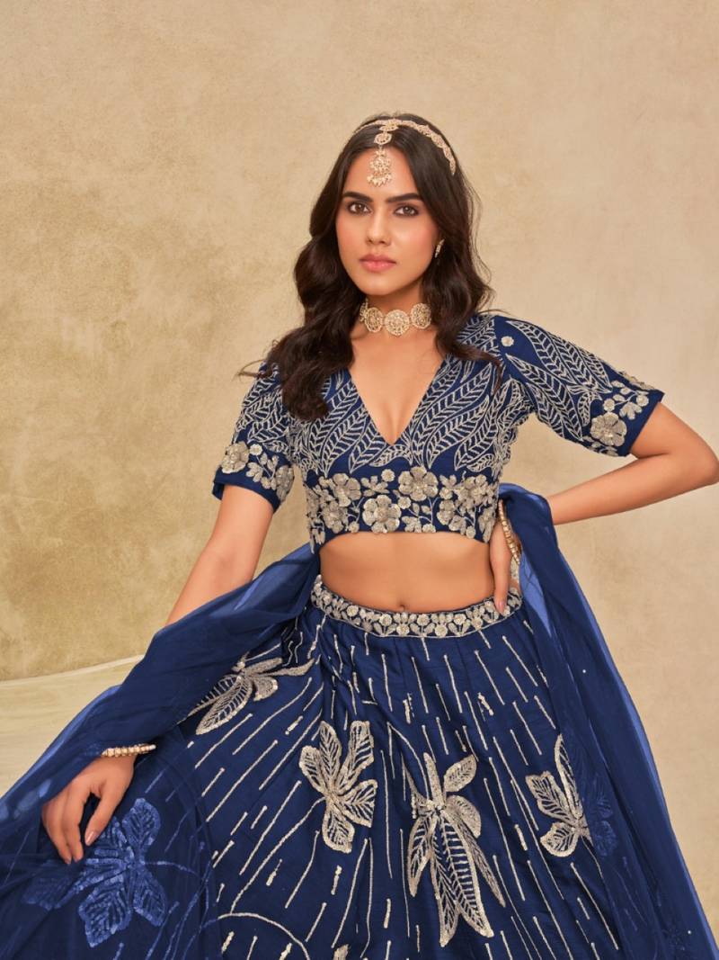 Navy blue heavy art silk semi stitched lehenga choli with embroidery work