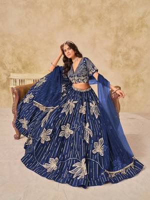 Navy blue heavy art silk blend lehenga choli with embroidery work 3