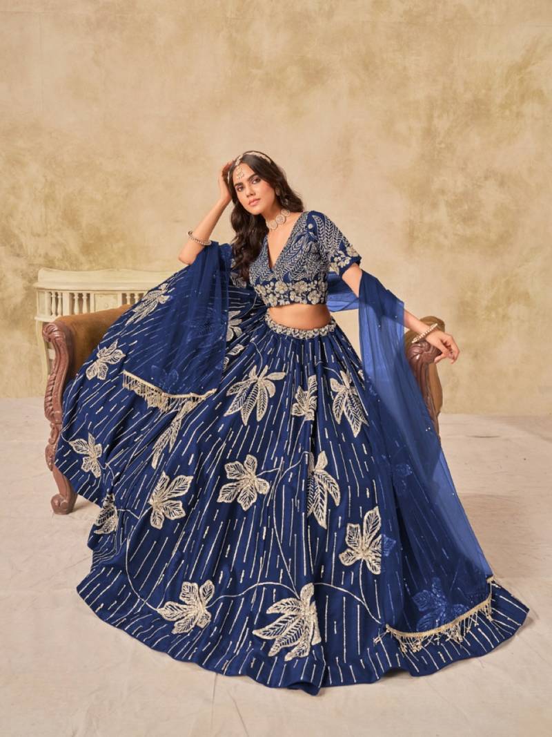 Navy blue heavy art silk semi stitched lehenga choli with embroidery work