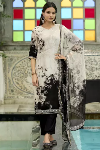 Off-white pure natural crepe floral printed straight kurta with pant & printed dupatta