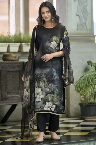 Black pure natural crepe floral printed straight kurta with pant & printed dupatta