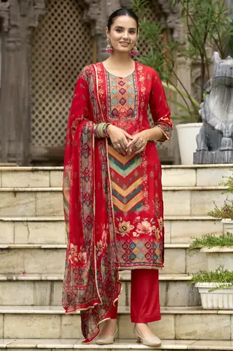 Red pure ho organza floral printed straight kurta with pant & printed dupatta