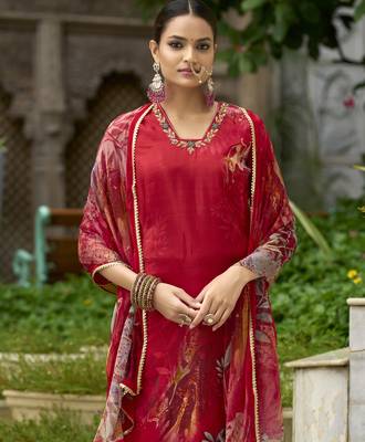 Red pure ho organza floral printed straight kurta with pant & printed dupatta 2