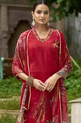 Red pure ho organza floral printed straight kurta with pant & printed dupatta