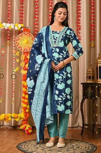 Blue women embroidered floral printed aline kurta pant with dupatta set