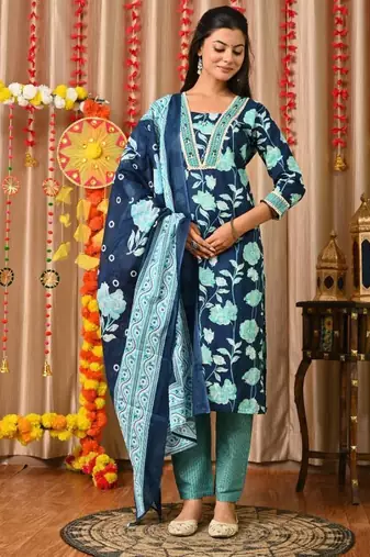 Blue women embroidered floral printed aline kurta pant with dupatta set