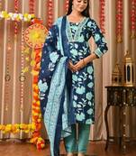 Blue women embroidered floral printed aline kurta pant with dupatta set