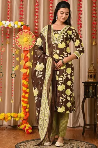 Brown women embroidered floral printed aline kurta pant with dupatta set
