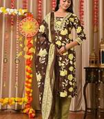 Brown women embroidered floral printed aline kurta pant with dupatta set