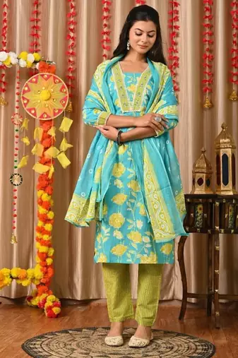 Skyblue women embroidered floral printed aline kurta pant with dupatta set