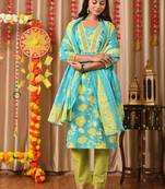Skyblue women embroidered floral printed aline kurta pant with dupatta set
