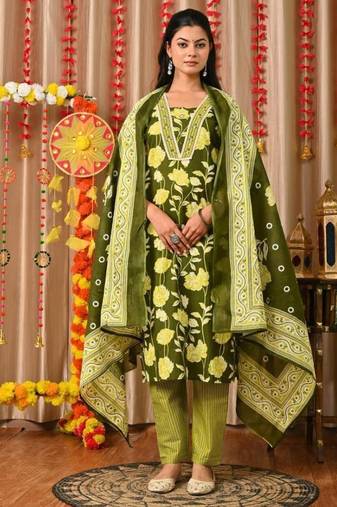 Green women embroidered floral printed aline kurta pant with dupatta set