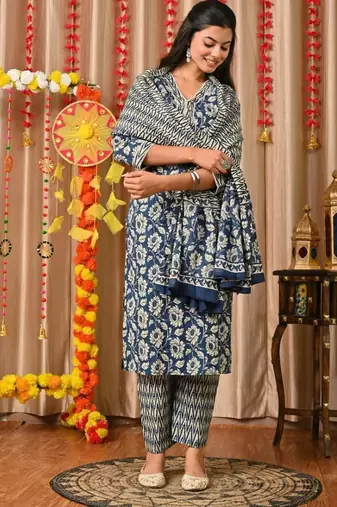 Blue women embroidered floral printed aline kurta pant with dupatta set