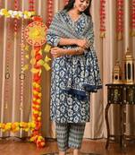Blue women embroidered floral printed aline kurta pant with dupatta set