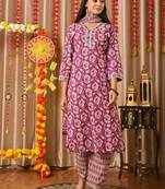 Purple women embroidered floral printed aline kurta pant with dupatta set