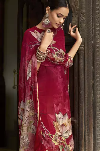 Red pure ho organza floral printed straight kurta with pant & printed dupatta