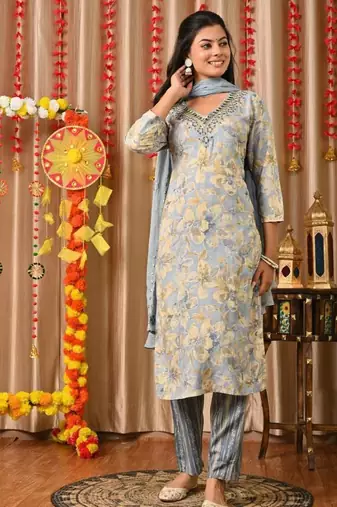 Grey women embroidered floral printed aline kurta pant with dupatta set