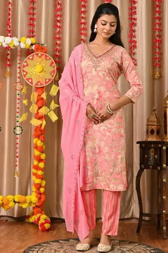 Lightpink women embroidered floral printed aline kurta pant with dupatta set
