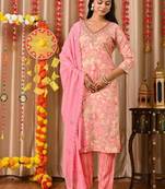 Lightpink women embroidered floral printed aline kurta pant with dupatta set