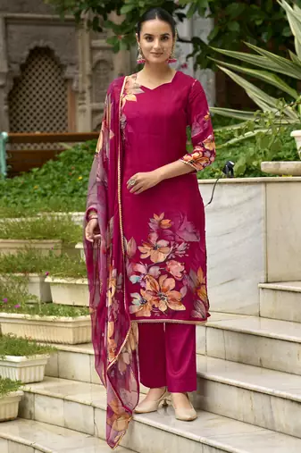 Fuchsia pink pure ho organza floral printed straight kurta with pant & printed dupatta