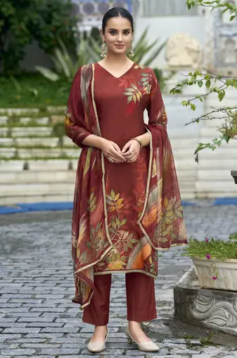 Brown pure ho organza floral printed straight kurta with pant & printed dupatta