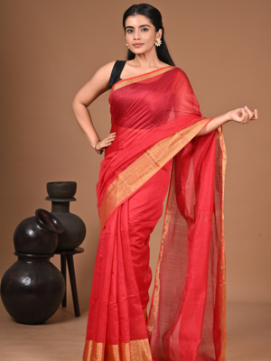  Red Linen Saree With Unstitched Blouse Piece  Saree 1