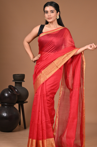  Red Linen Saree With Unstitched Blouse Piece Elegant Traditional Saree
