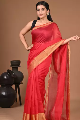  Red Linen Saree With Unstitched Blouse Piece Elegant Traditional Saree