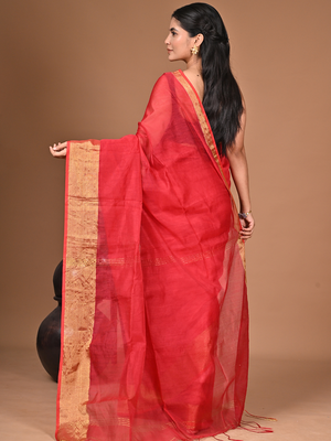  Red Linen Saree With Unstitched Blouse Piece  Saree 2