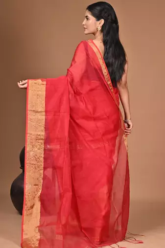  Red Linen Saree With Unstitched Blouse Piece  Saree