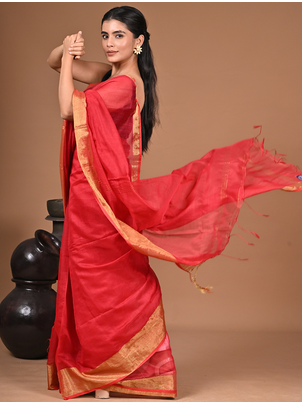  Red Linen Saree With Unstitched Blouse Piece  Saree 3
