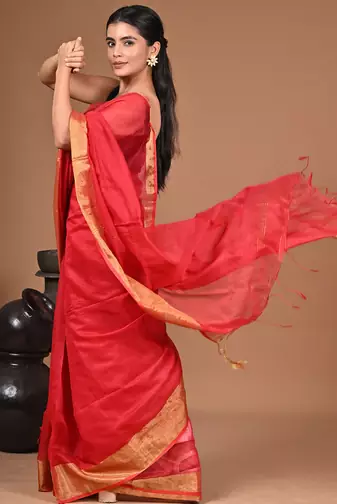  Red Linen Saree With Unstitched Blouse Piece  Saree