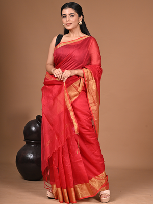  Red Linen Saree With Unstitched Blouse Piece  Saree 4