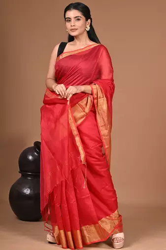  Red Linen Saree With Unstitched Blouse Piece  Saree