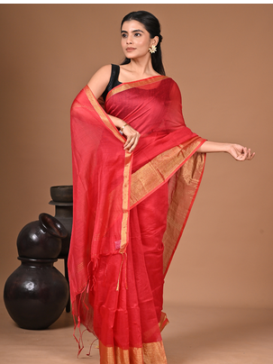  Red Linen Saree With Unstitched Blouse Piece  Saree 5