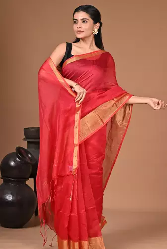  Red Linen Saree With Unstitched Blouse Piece  Saree
