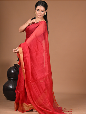  Red Linen Saree With Unstitched Blouse Piece  Saree 6