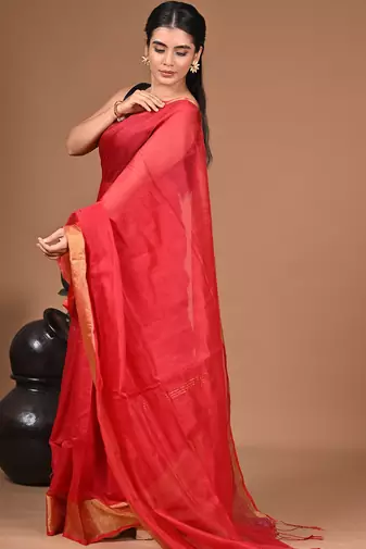  Red Linen Saree With Unstitched Blouse Piece  Saree