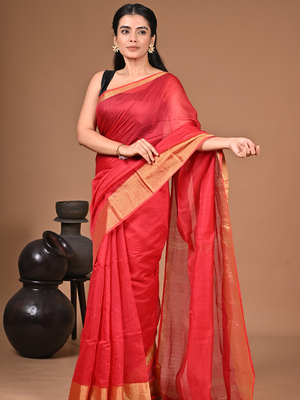  Red Linen Saree With Unstitched Blouse Piece  Saree 7