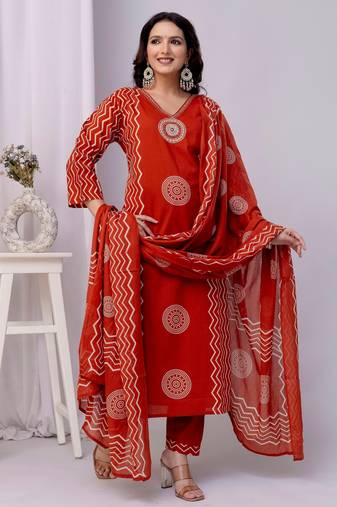 Orange women embroidered printed aline kurta pant with dupatta set