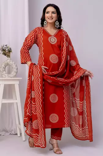 Orange women embroidered printed aline kurta pant with dupatta set