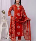 Orange women embroidered printed aline kurta pant with dupatta set