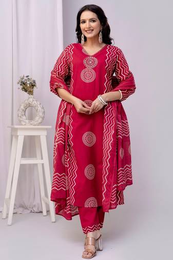 Red women embroidered printed aline kurta pant with dupatta set