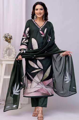 Darkgreen women embroidered floral printed aline kurta pant with dupatta set