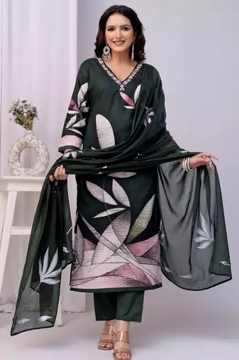 Darkgreen women embroidered floral printed aline kurta pant with dupatta set