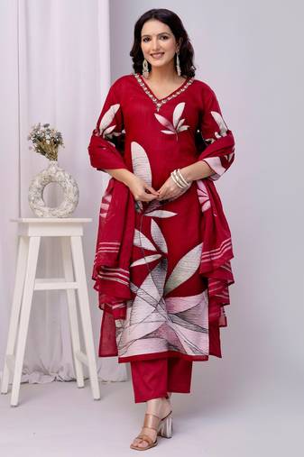 Red women embroidered floral printed aline kurta pant with dupatta set