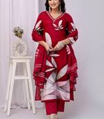 Red women embroidered floral printed aline kurta pant with dupatta set
