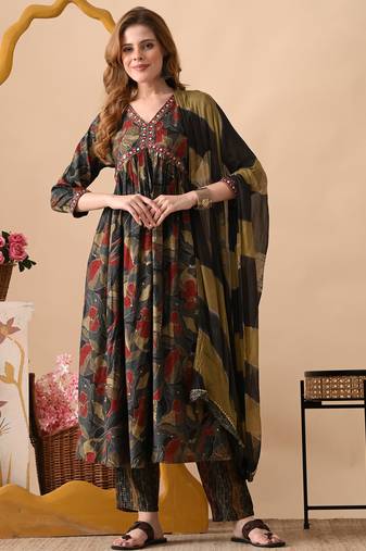 Grey women embroidered floral printed aline kurta pant with dupatta set