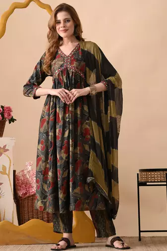 Grey women embroidered floral printed aline kurta pant with dupatta set