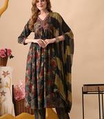 Grey women embroidered floral printed aline kurta pant with dupatta set